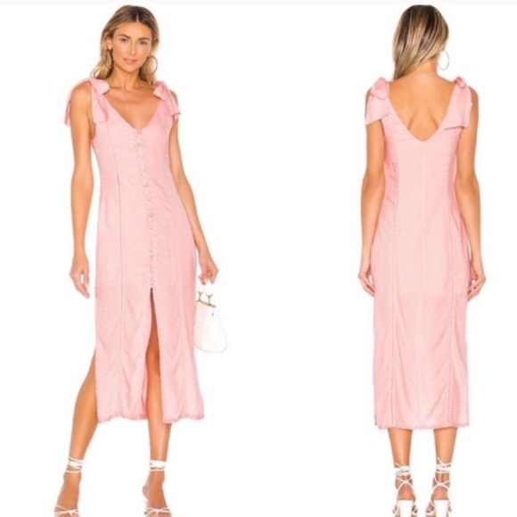 Tularosa Dresses & Skirts - ✨ Aritizia Tularosa Pink Polka Dot Slit Ruffle Midi Dress